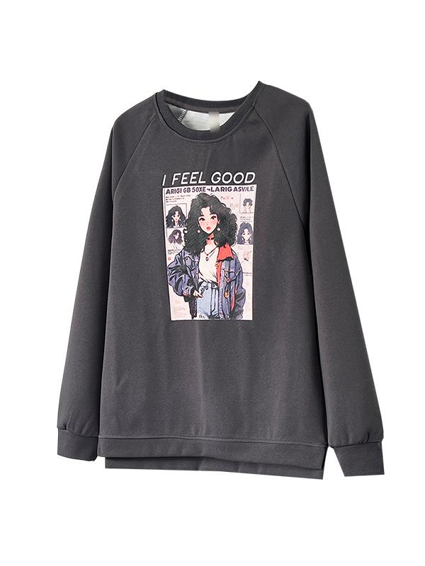 2026 Spring Plus Size Loose Hoodie with Fashionable Woman Print, Round Neck, and Raglan Sleeves