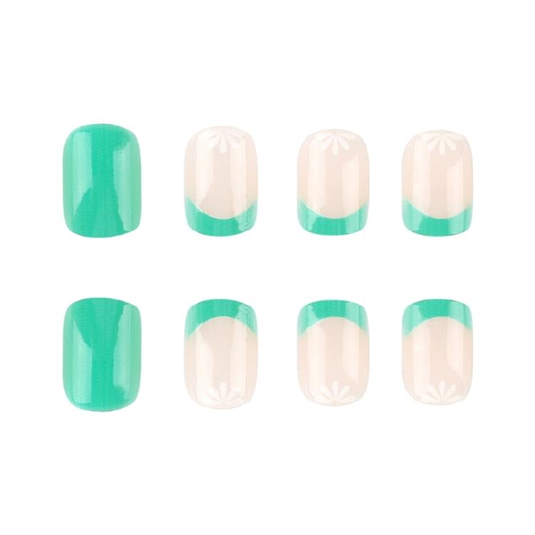24 Pcs Green French Tip False Nail Flowers Press On Nail Solid Color Stick on Nail Manicures Supplies for Woman