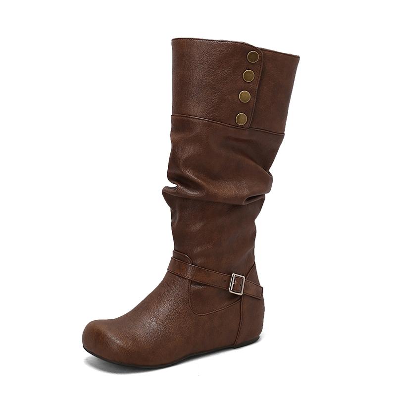Women's flat-bottomed casual boots autumn and winter new inner height increase solid color large size medium boots