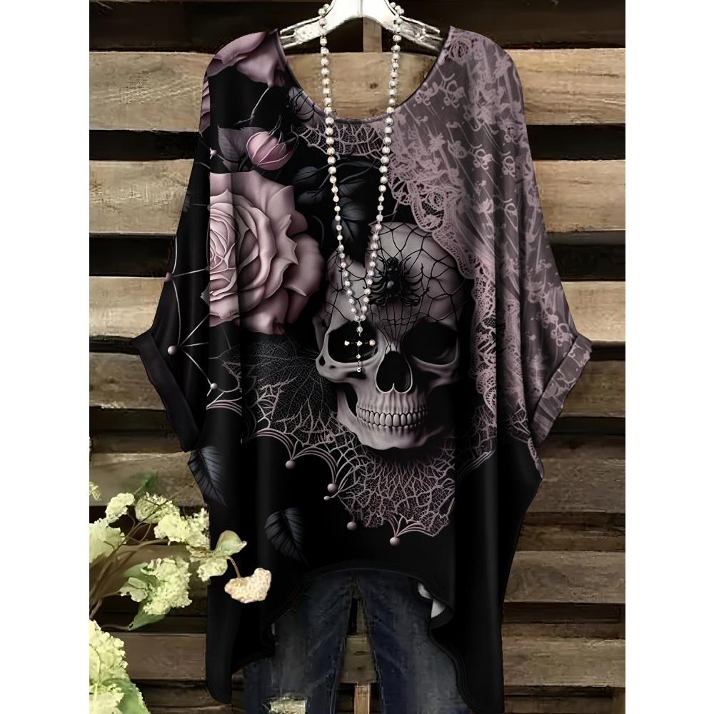 Women's T-Shirt Gothic Style Bohemian Skull Print Loose Irregular Hemline O-Neck Short Sleeved Shirt Oversized Summer Clothes