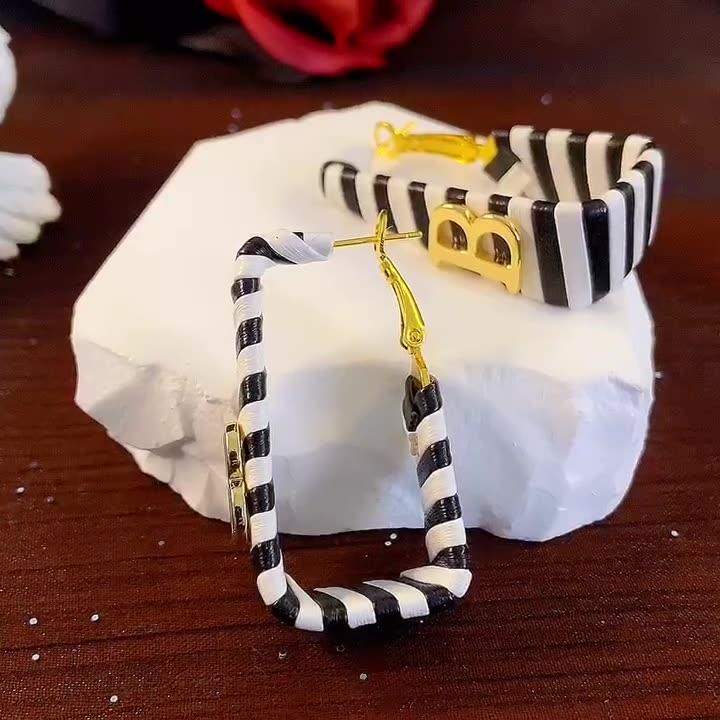 Square black and white striped ladies earrings