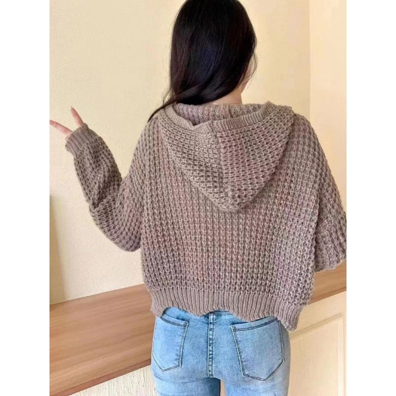 Autumn Winter New Zipper Knitted Hooded Sweater Jacket Korean Retro Cardigan Women Coats Casual Slim Fit Knitwear Jackets Simple Elegant Solid Top