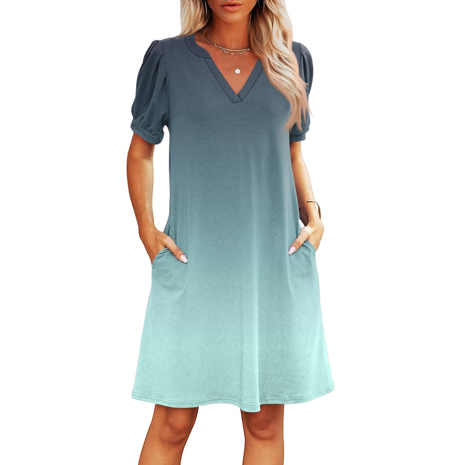 Women s Summer V-Neck Casual Beach Dresses Pod Short Sleeve Gradient Printed Dresses L