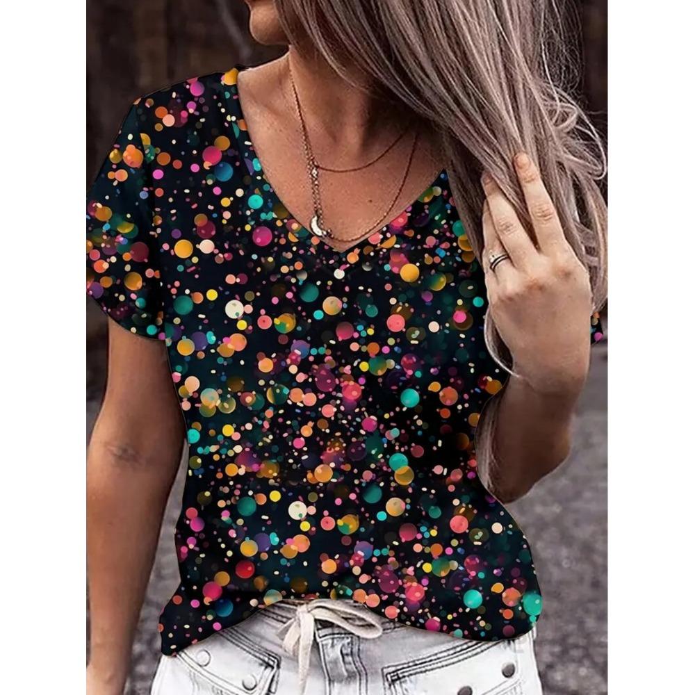 

2025 New Summer Casual Women s Short-sleeved Fashion Elegant Sexy V-neck Clothing Design Sequined Printed Women s T-shirt S