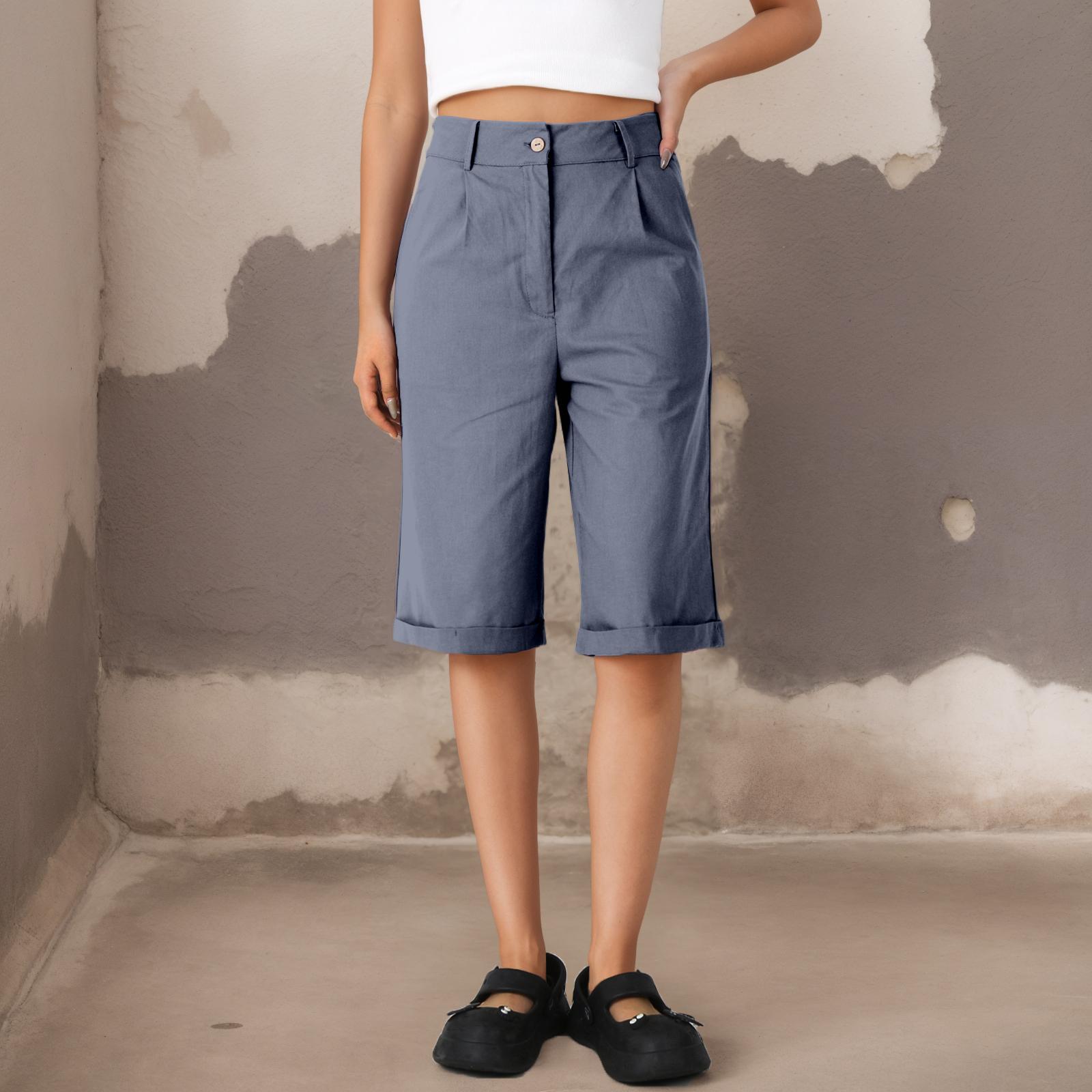 

Женские повседневные однотонные модные хлопковые и льняные шорты с прямыми штанинами S синий