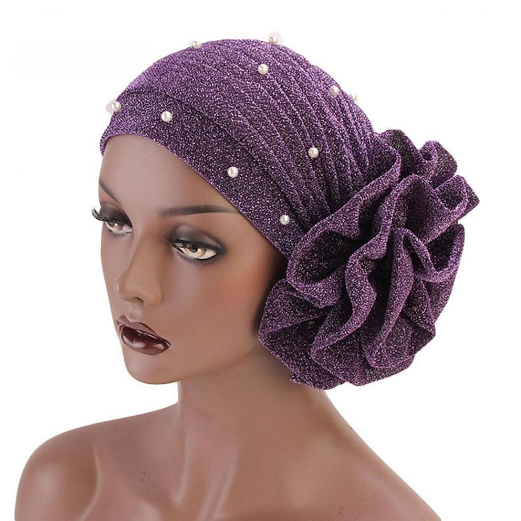 Women Big Flower Headband Cap Faux Pearl Decor Hijab Turban Hat Head Wrap