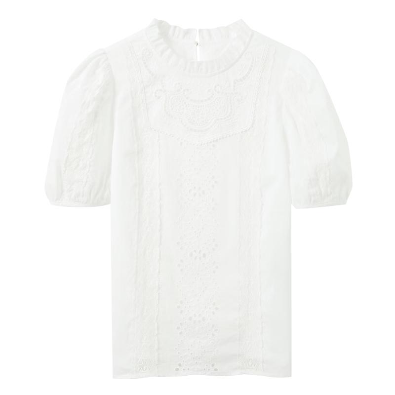 Women's Embroidered Stand Collar Puff Sleeve Top