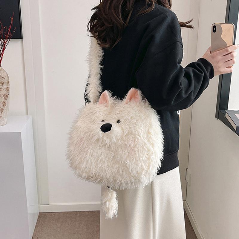 Cute Cartoon Dog Student Shoulder Bags For Women Girls Large Capacity Messenger Bag Simple Sweet Plush Female Handbags Gifts
