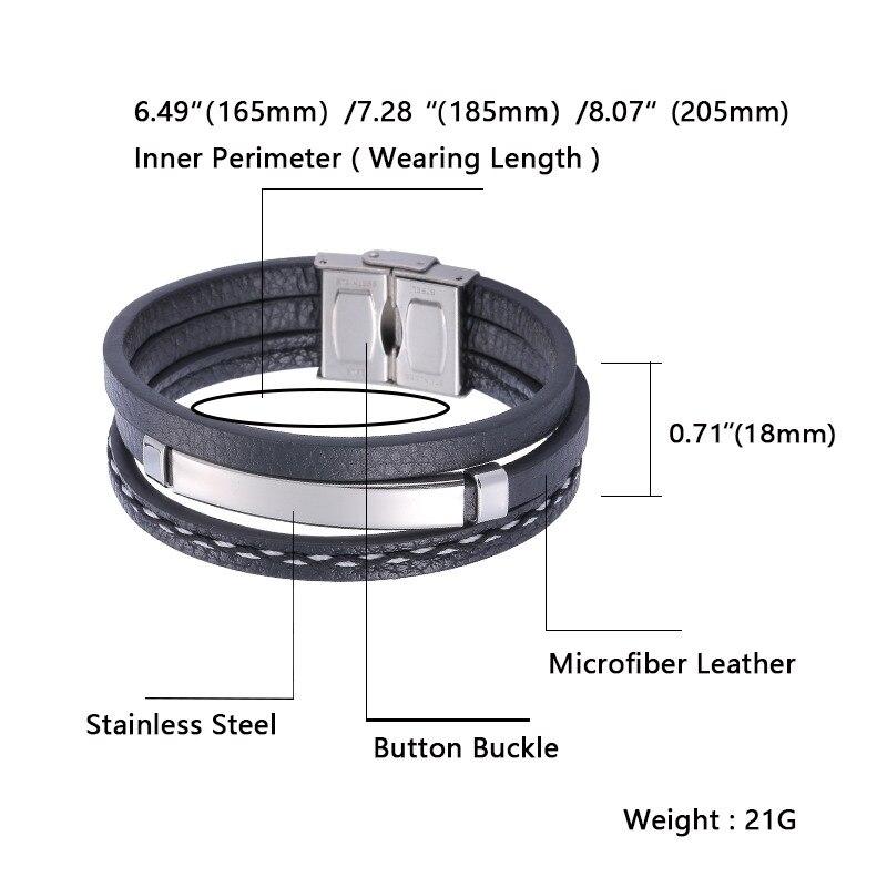 Men Bracelet Stainless Steel Charm Button Clasp Leather Bracelets For Men Punk Jewelry Hip Hop Rock