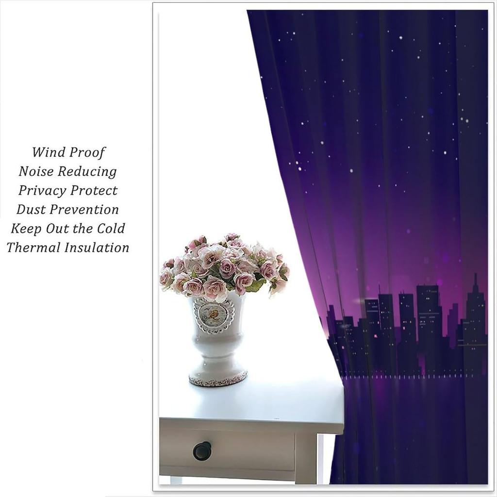 City Skyline Curtains Midnight Cityscape Purple Urban Starry Sky Printed Bedroom Living Room Window Drapes Curtain With Light Blocking Polyester