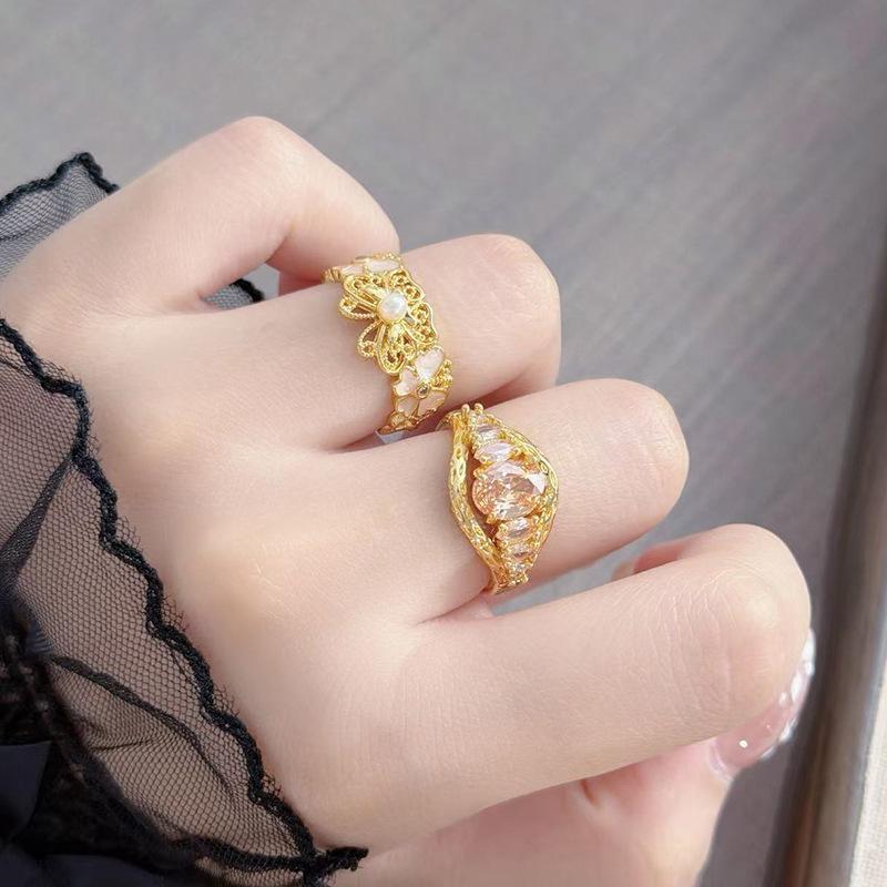 Micro Inlaid Personality Vintage Geometric Opening Ring Women'S Fashion Retro High Sense Niche Design Ring
