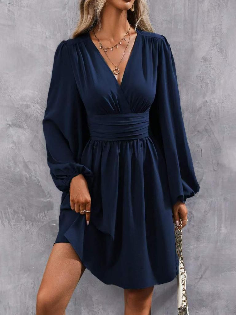 2025 Autumn/Winter Europe & America Oblique Neck Lantern Sleeve Pleated Waist Retro Dress