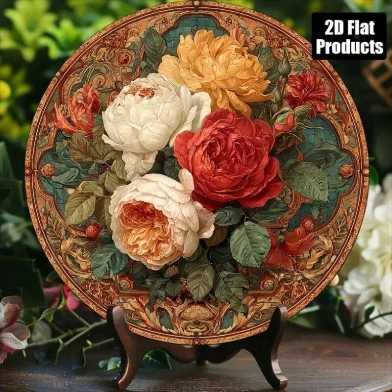

Vintage Floral Metal Wall Poster 8x8 Inch Round, Rustproof Art for Home Kitchen Garden