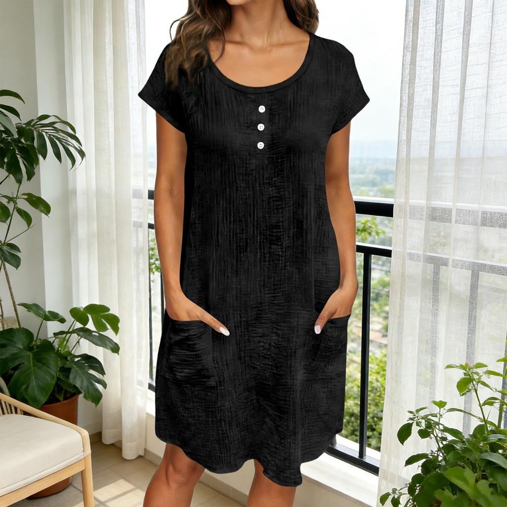 Women Short Sleeve Button Front Casual Loose Fit Dress with Pockets Round Neck Summer Lightweight Tunic Dress