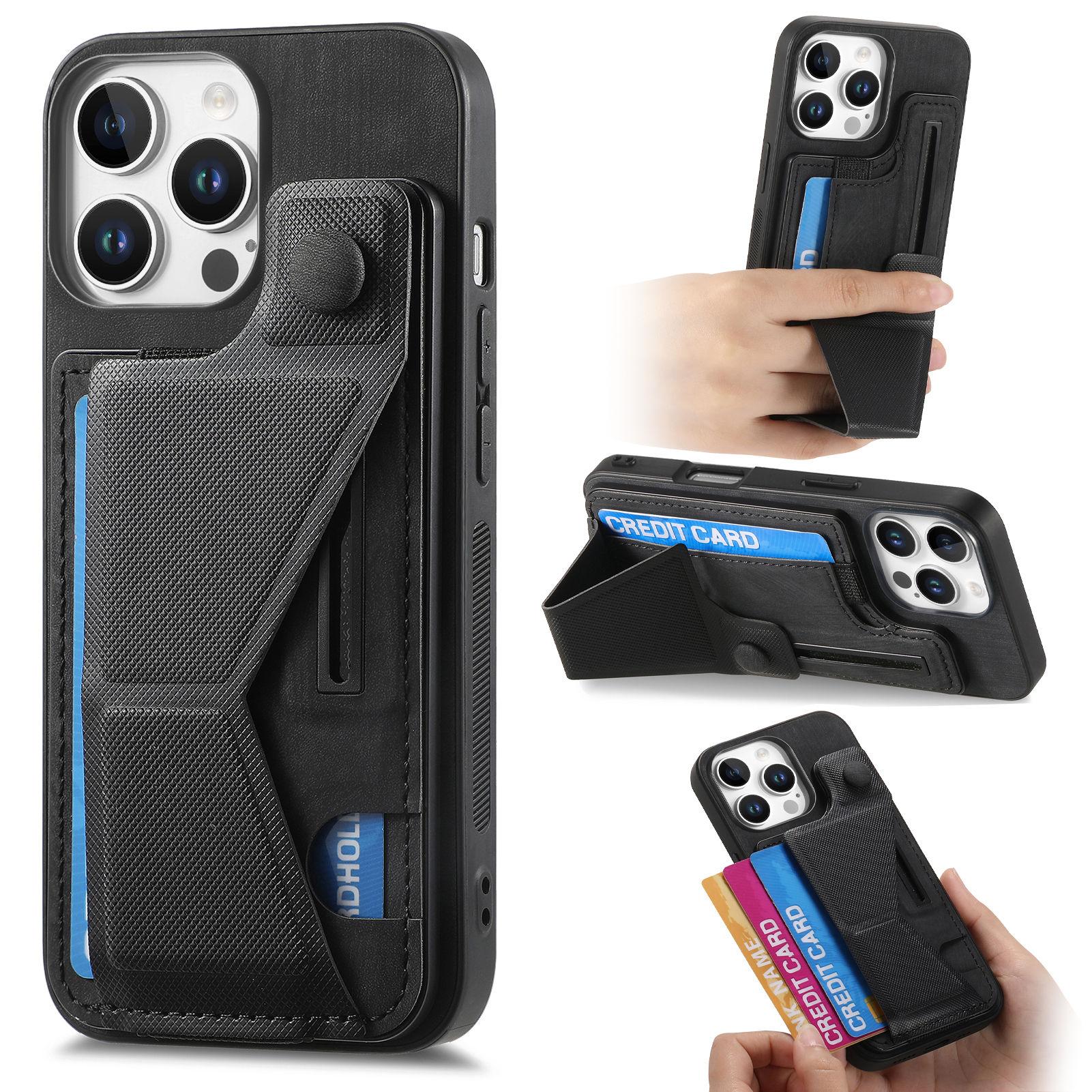 

For iPhone 16 Pro Case Retro Leather Back Cover Card Slot Side Kickstand Black