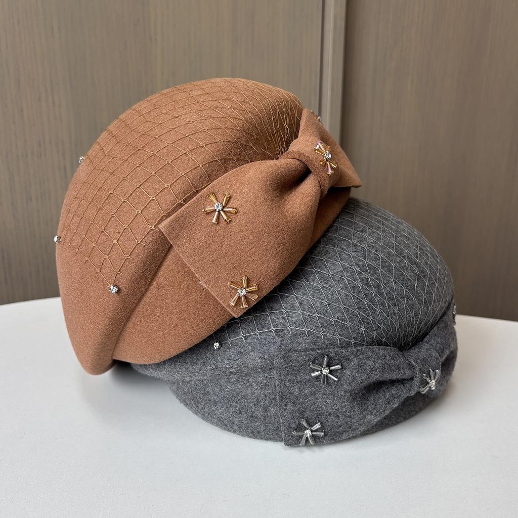 European And American Temperament Wool Beret Women'S Bow Mesh Rhinestone Stewardess Hat Elegant Styling Felt Top Hat