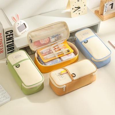 Large Capacity Color Blocked Canvas Stationery Bag, Multifunctional Stationery Box, Student Pencil Bag, Simple Storage Pen Bag