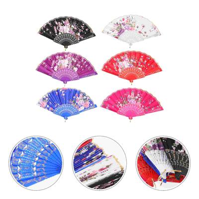 6 Peças Decorar Leque de Mão de Seda Dobrável de Mão Manual de Dupla Face para Festa de Dança Vintage