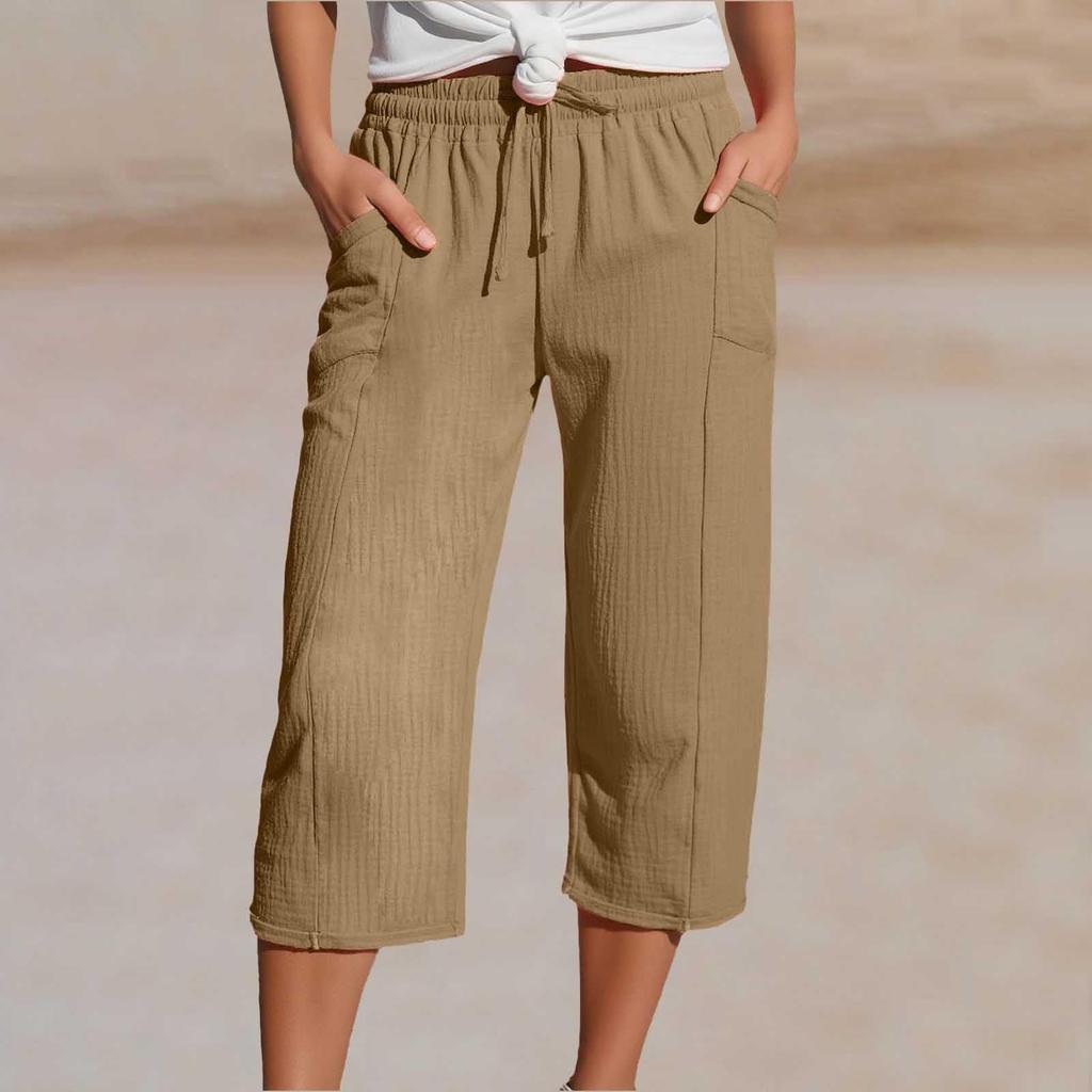Women's Summer 3/4 Trousers  Summer Trousers With Pockets Causal Loose Trousers Fabric Trousers Sport Leisure Beach Trousers