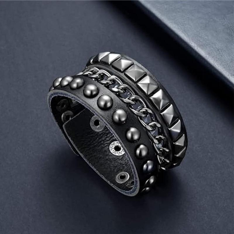 European & American Multilayer Wide Leather Bracelet with Punk Spikes & Rivets, Men's Hip Hop Beaded Jewelry.