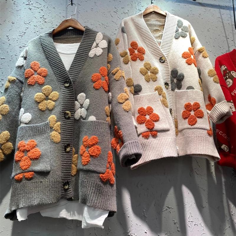 Long-sleeved Cardigan Sweater Women Autumn And Winter 2022 Fashion New V-neck Printed Blouse Loose Western Style Knitted Jacket