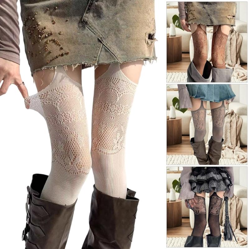 Women Hollowout Garter Belt Pantyhose Flower Lace Patterned Sheer Thigh High Stockings Suspender Strap Tights Hosiery