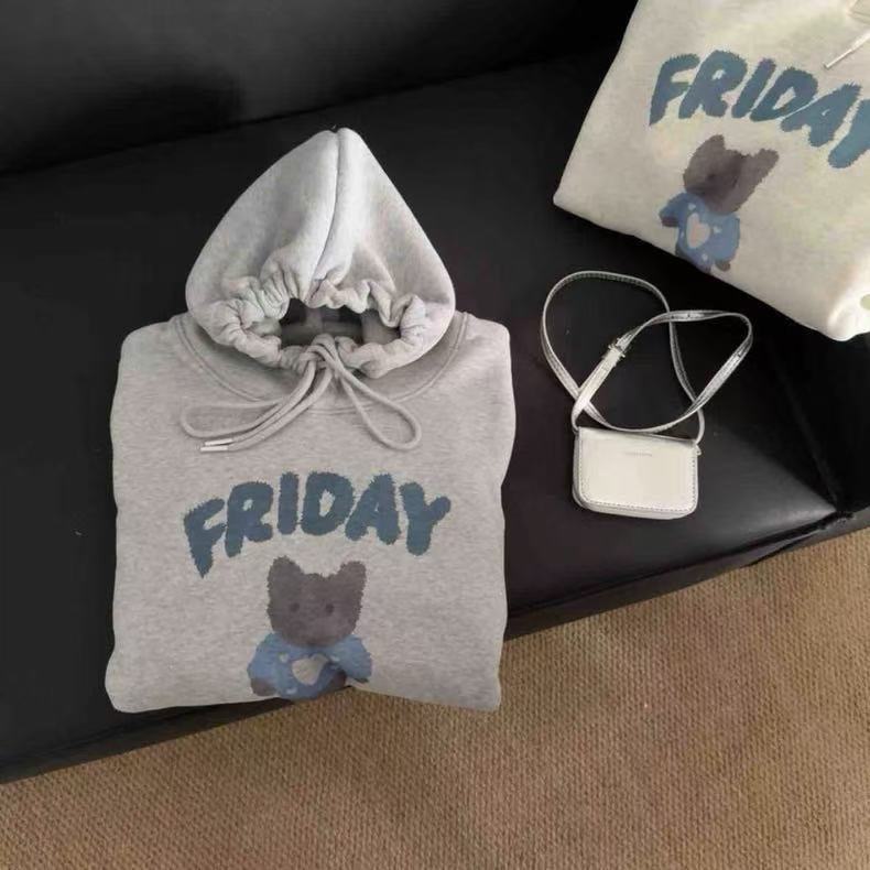Nuovo Stile Invernale Felpa con Cappuccio in Pile con Stampa Carina di Gatto e Orso Cartone Animato, Cappuccio, Oversize, Comoda Felpa da Donna a Vestibilità Larga