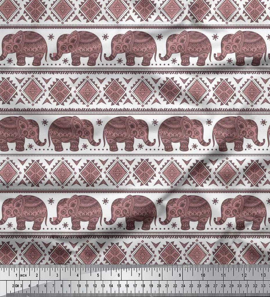 Soimoi Japan Crepe Satin Fabric Aztec & Tribal Elephant Ethnic Print Sewing Fabric Metre 42 Inch