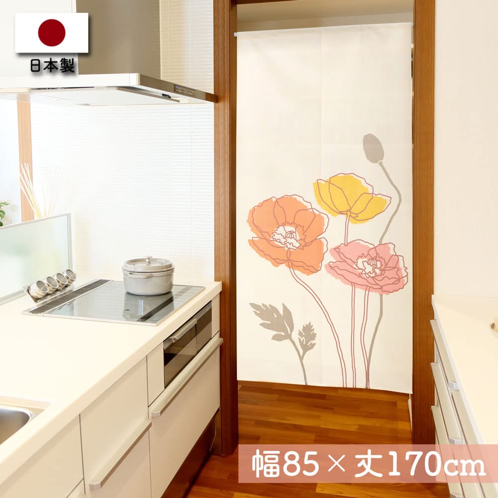 Noren Kobo Noren Floral Room 85cm Wide X 170cm Line 9367 Curtain, Pattern, Long, Divider, Long, Poppy, Ivory,