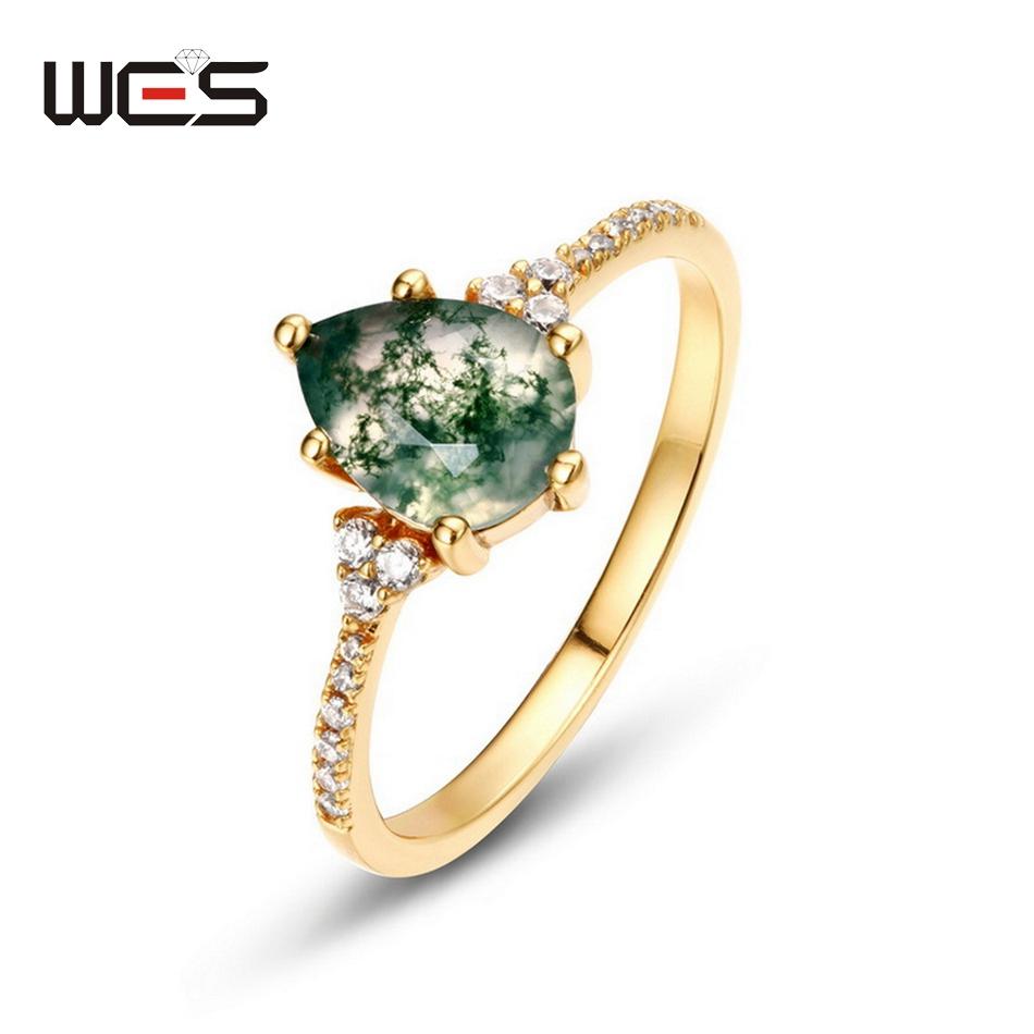 WES   CopperNatural Moss Agate Ring For Women Oval Cut Sea Grass Agate Flower Rings Wedding Party Jewelry Gift