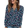 Women's Fashion V-Neck Button-Up T-Shirt With Christmas Print Long-Sleeved Top