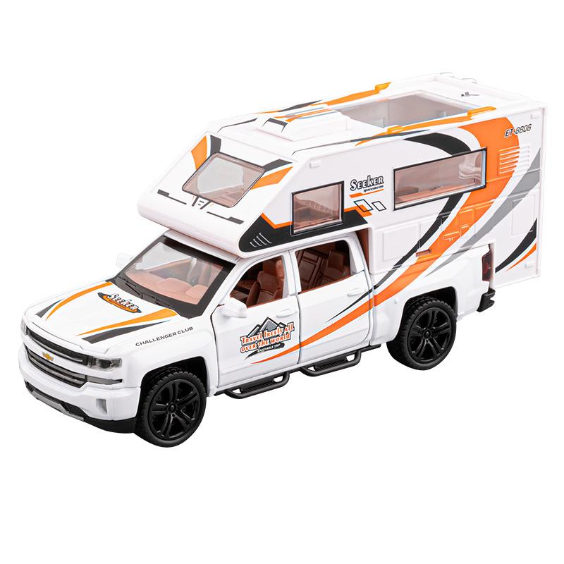 1/32 Silverado Pickup RV Recreational Car Model Diecast Camper Van Motorhome Touring Vehicles Car Model Sound Light Kid Toy Gift