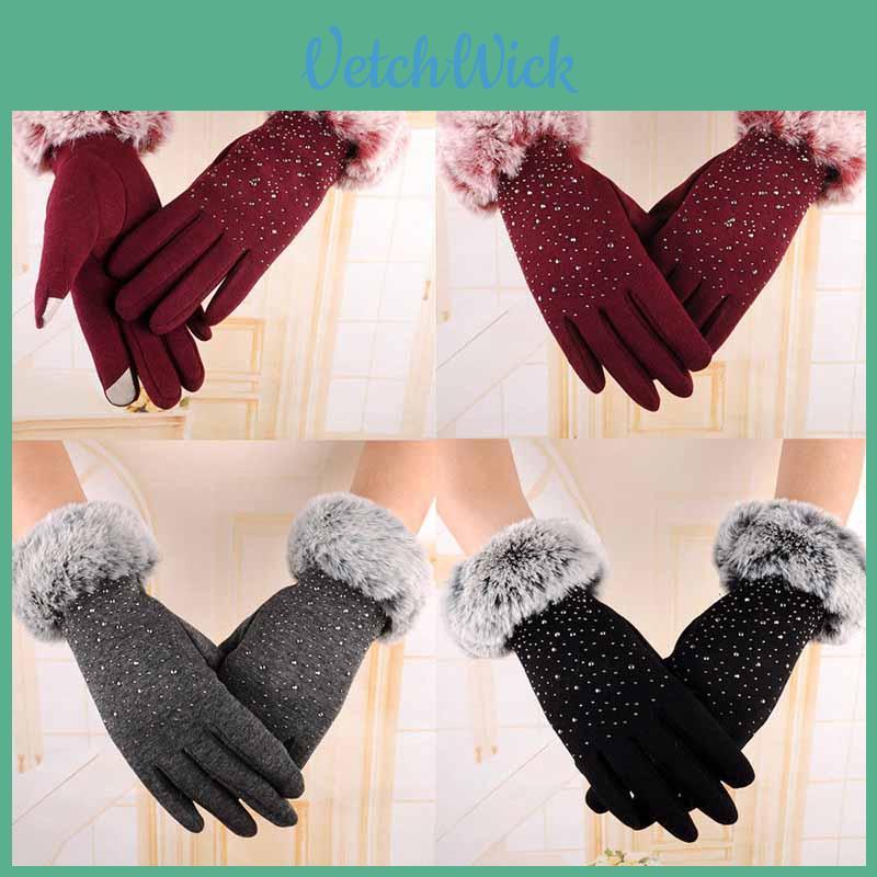 Luxurious Womens Fashion Winter Outdoor Sport Warm Fur Crystal Thick Finger Gloves Mittens