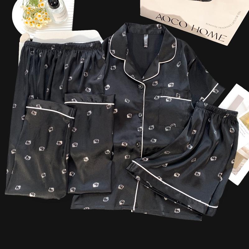Women's Ice Silk Pajama Set: Built-in Bra, Silver Cinnamon Dog & Cat Top, Shorts & Long Pants