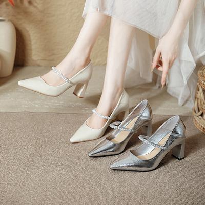 European and American Sexy High Heels Temperament Versatile Women's Shoes Pointed Mary Jane Shoes Rhinestone Shallow Mouth Single Shoes