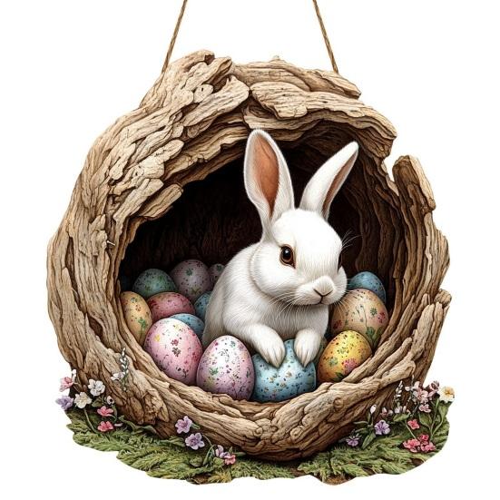 Easter Bunny Sign for Front Door Wooden Farmhouse Indoor Fireplace Window Hanging Wreaths Welcome Banner Decoration for Home Garden Fence