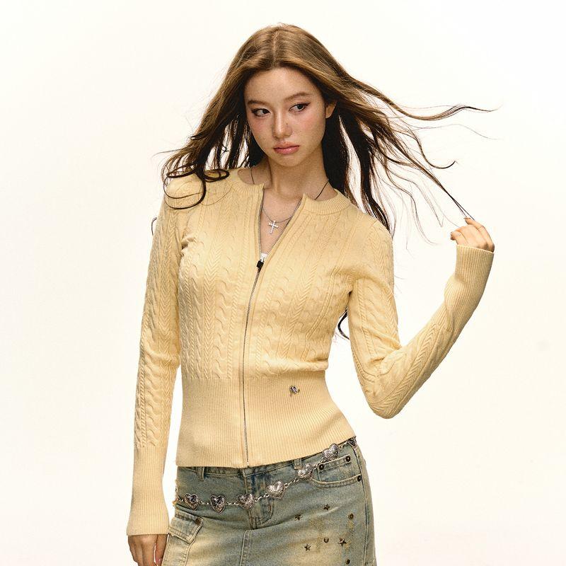 

Ariseism round Neck Twisted Flower Cardigan Sweater Outwear Female Autumn New Arrival Silm Slim Looking Inner Bottoming Top Yellow L