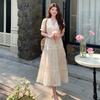 New Summer Fashionable Floral Embroidered Patchwork V-Neck Short-Sleeve Fitted Slimming Midi Dress Women's Holiday Vestidos