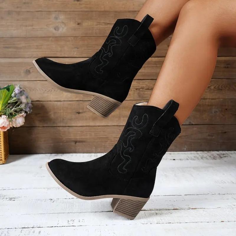 Stivali da Donna a Mezza Gamba Design a Bocca a V Stivali alla Moda Stivali Western Cowboy Ricamati Retrò Stivale Casual con Tacco Spesso da Donna Botas Mujer