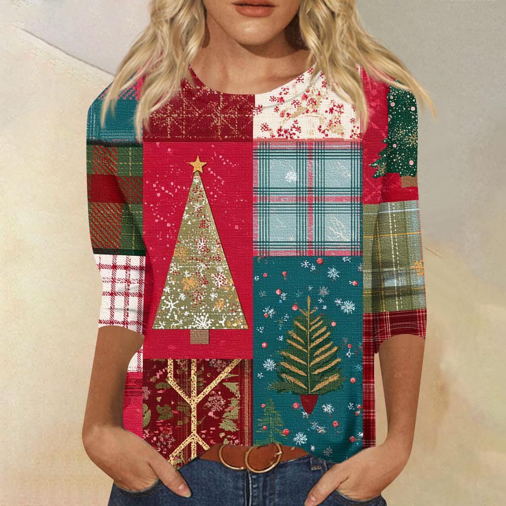 Women's Fashion Casual Round Neck Three-quarter Sleeve Christmas Print T-shirt Top