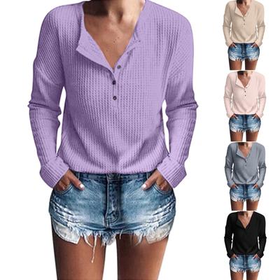 Women's Casual Long Sleeve Henle Shirt Rib Knit Blouse Button Tunic Tops
