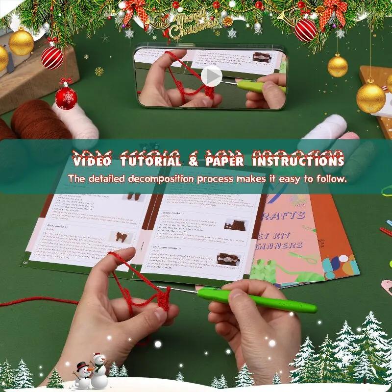 DIY Christmas Crochet Starters Kit, Complete Craft Knitting Kit with Crochet Hooks Yarns Video Tutorials for DIY Gift