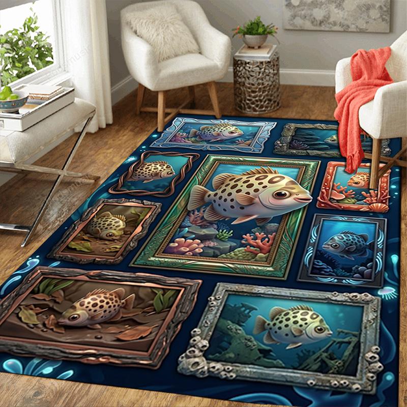 Underwater Fish Gallery Pattern Rug Floor Mat for Living Room or Bedroom Soft and Comfortable Carpet a Gift for Birthday and Holiday.