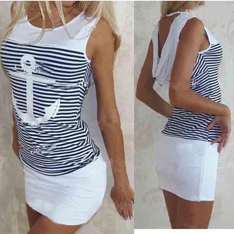Vest Anchor Stripe Dress Sleeveless Tops Oneck Hooded Sexy Bodycon Mini Dresses