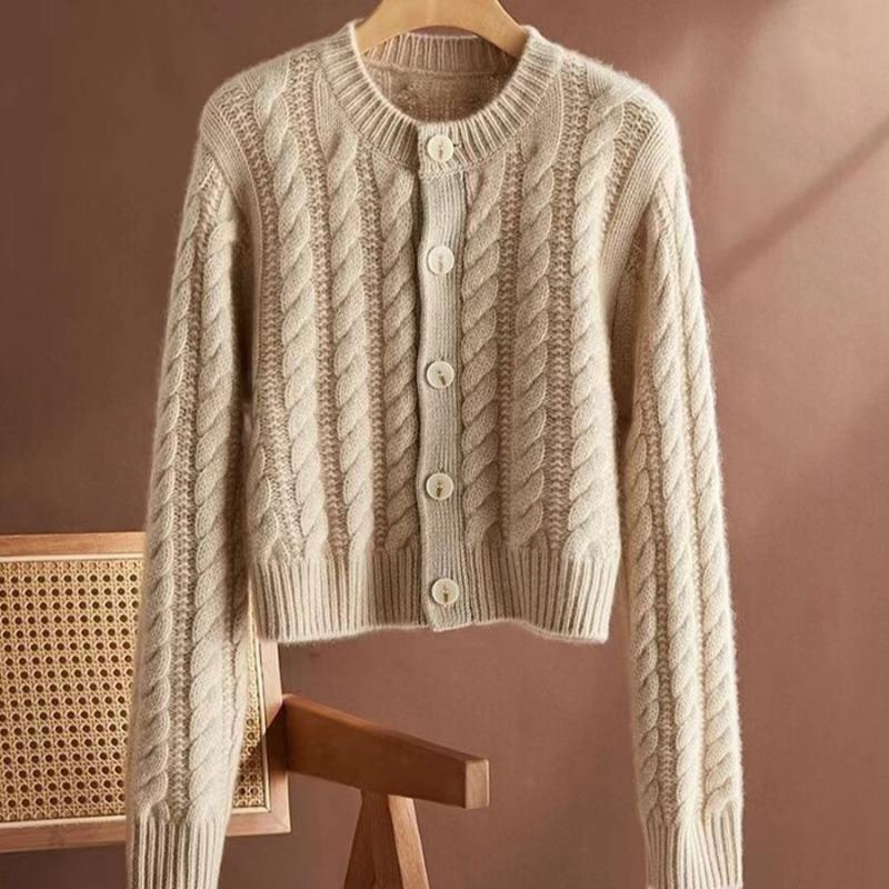 Autumn and Winter New Thickened Knitted Sweater Women's Crew Neck Sweater Cardigan Loose Lazy Twist Knitted Top Jacket