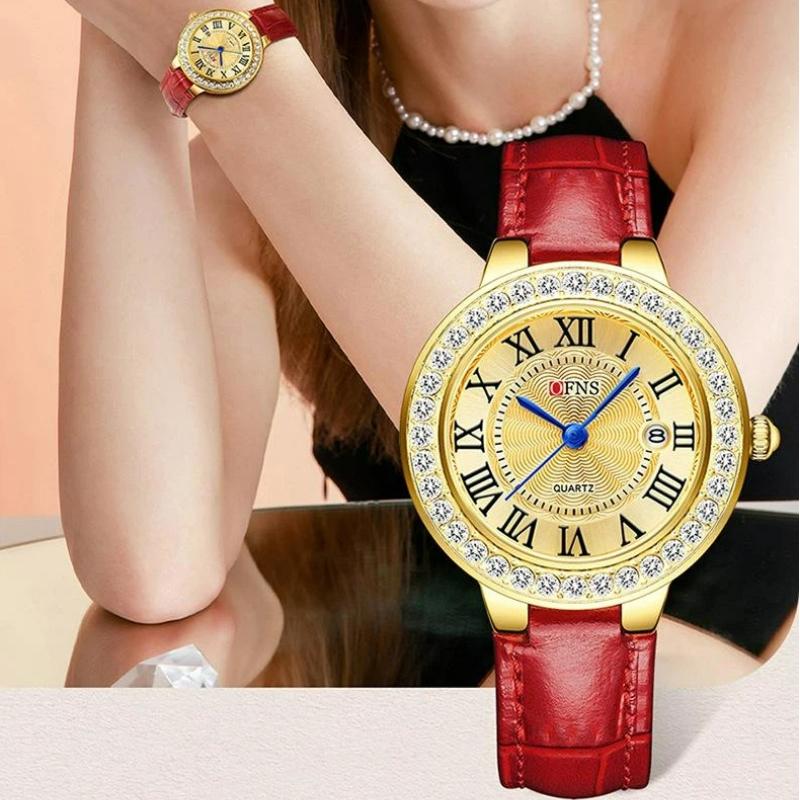 New Fashionable Casual Retro Style Inlaid Diamond Round Women's Quartz Watch Waterproof Retro Leather Watches