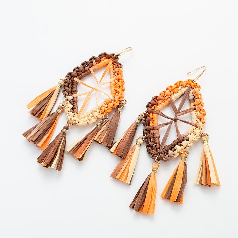 Raffia Hand-Woven Dreamcatcher Earrings with Ear Hooks