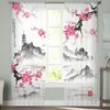 Japanese Landscape with Sakura Sheer Window Curtains for Living Room Bedroom Voile Tulle Curtains Fabric Drapes for Kitchen