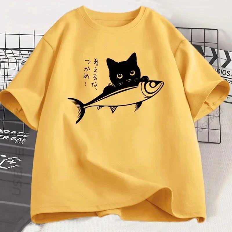 

ZX Футболка Черный кот Женская футболка для любителей кошек Японская уличная одежда Футболка с рыбой Смешная Каваи Футболка для владельца кошки Женская футболка с коротким рукавом 3XL