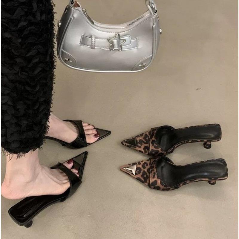 Women's Slippers Summer New High Heels Pointed Head Shallow Mouth Leopard Print Sandals Fashion Temperament Fine Heels Slippers
